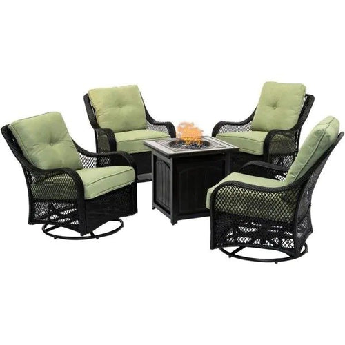 5-Piece Steel Patio Fire pit Conversation Set with Sahara Sand Cushions and 26 in. Square Fire pit Side Table