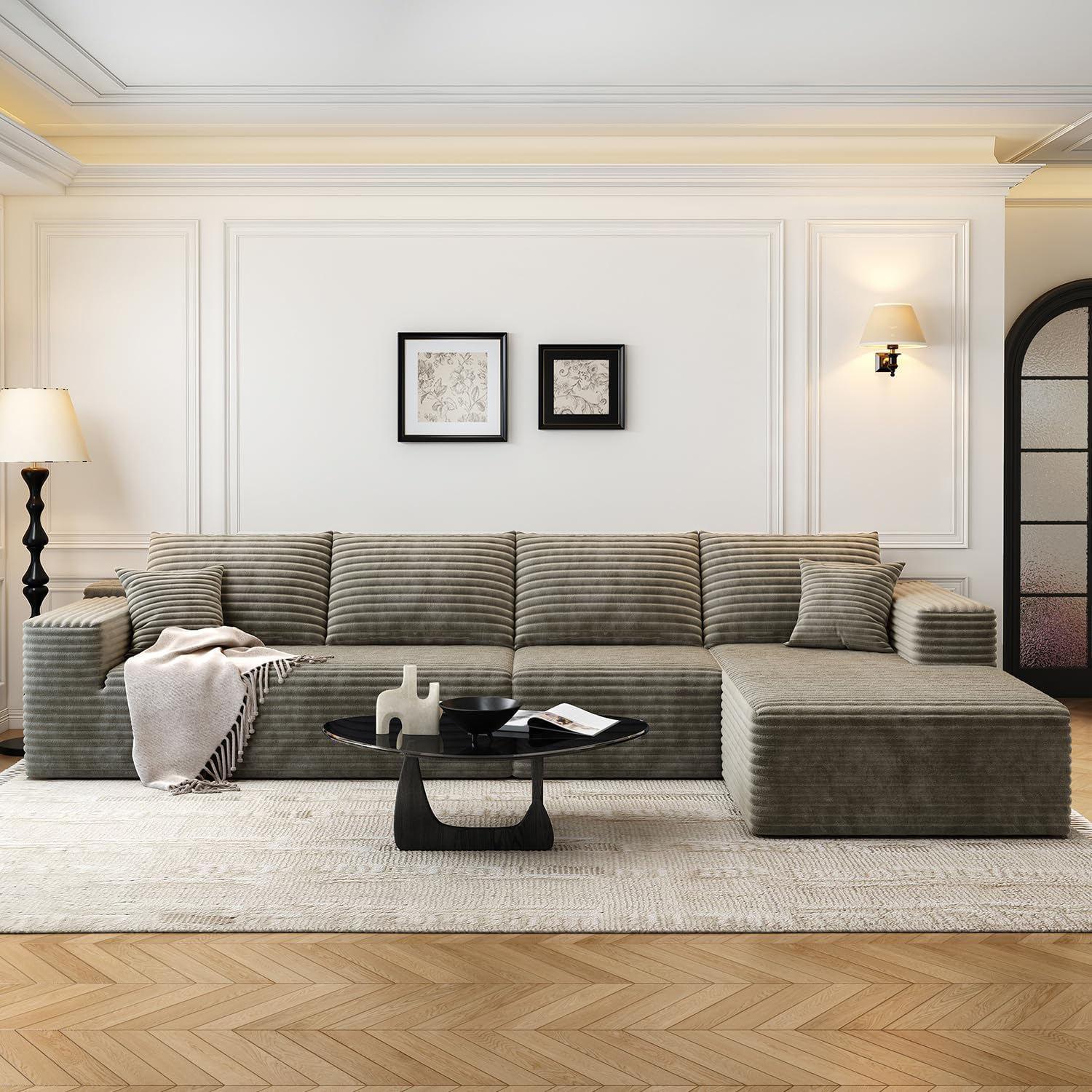 107.5" Cloud Modular Sectional Couch with 1 Ottoman,Modern Minimalist Upholstered Couches, Comfort U Shaped Sofa for Living Room,Deep Seat Corner Couch，No Assembly Required (Grey,Left Facing Chaise)