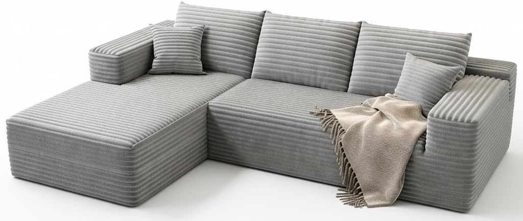 107.5" Cloud Modular Sectional Couch with 1 Ottoman,Modern Minimalist Upholstered Couches, Comfort U Shaped Sofa for Living Room,Deep Seat Corner Couch，No Assembly Required (Grey,Left Facing Chaise)