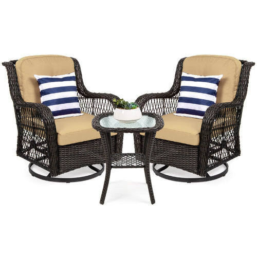 3-Piece Patio Wicker Bistro Furniture Set w/ 2 Swivel Rocking Chairs, Table