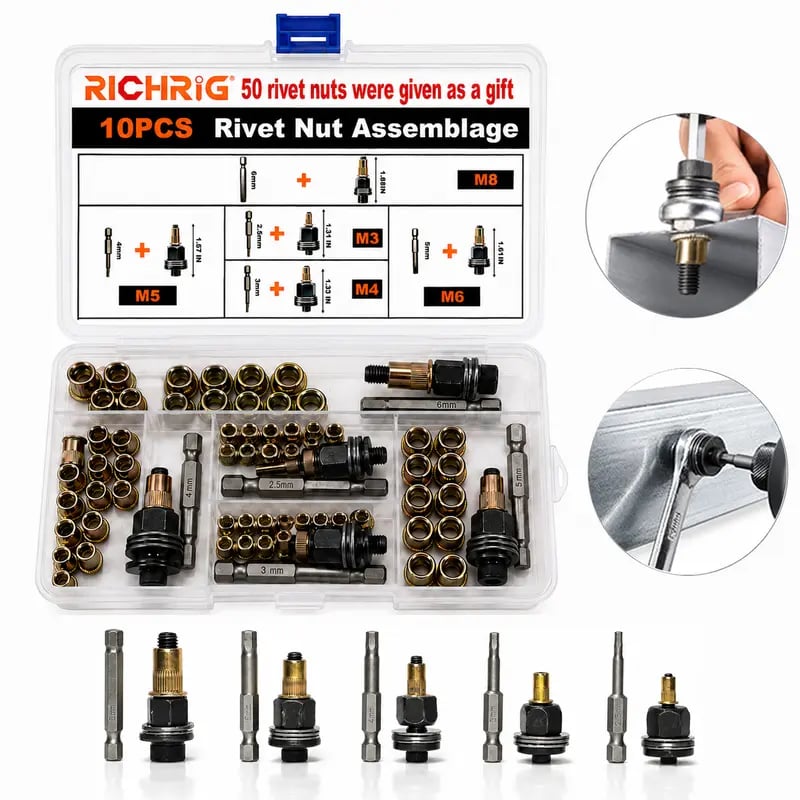 Head Rivet Nut Tool, M3 M4 M5 M6 M8 Rivnut Kit