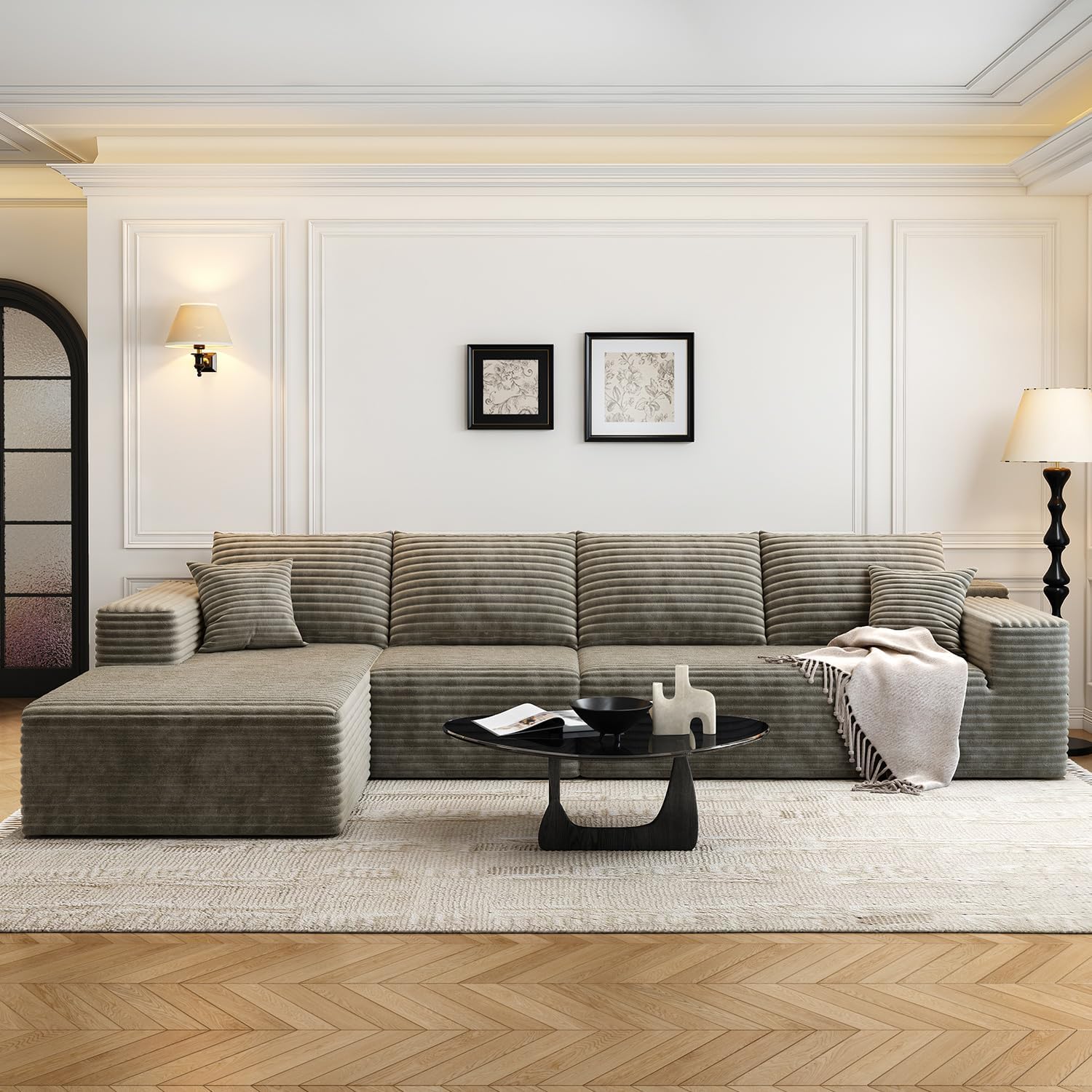 107.5" Cloud Modular Sectional Couch with 1 Ottoman,Modern Minimalist Upholstered Couches, Comfort U Shaped Sofa for Living Room,Deep Seat Corner Couch，No Assembly Required (Grey,Left Facing Chaise)