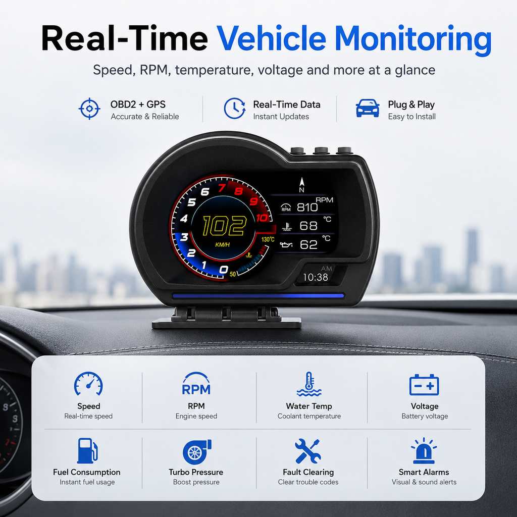 Car OBD2 + GPS Digital Display | Real-Time Vehicle Monitor & Smart Dashboard Gauge