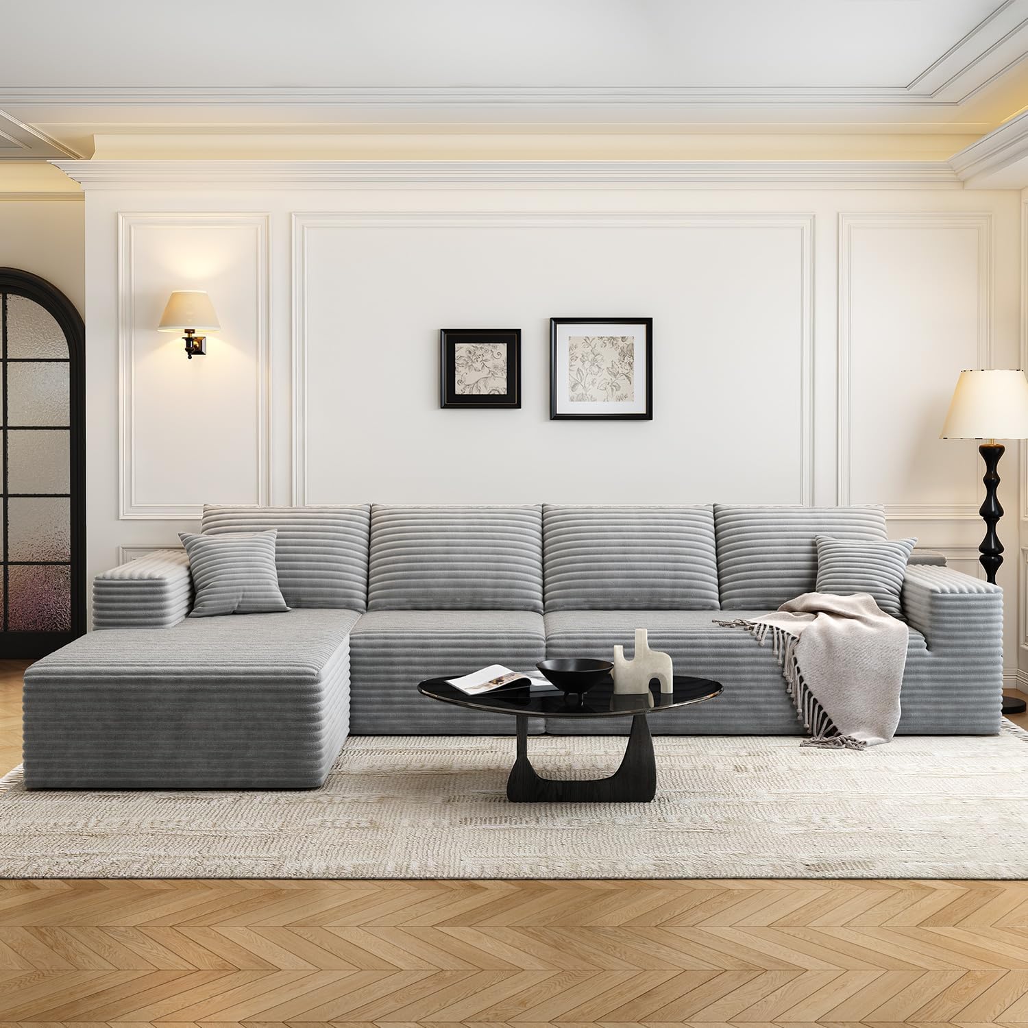 107.5" Cloud Modular Sectional Couch with 1 Ottoman,Modern Minimalist Upholstered Couches, Comfort U Shaped Sofa for Living Room,Deep Seat Corner Couch，No Assembly Required (Grey,Left Facing Chaise)