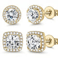 Halo Stud Earrings 4-Pack- Gold & Silver Round/Square Styles