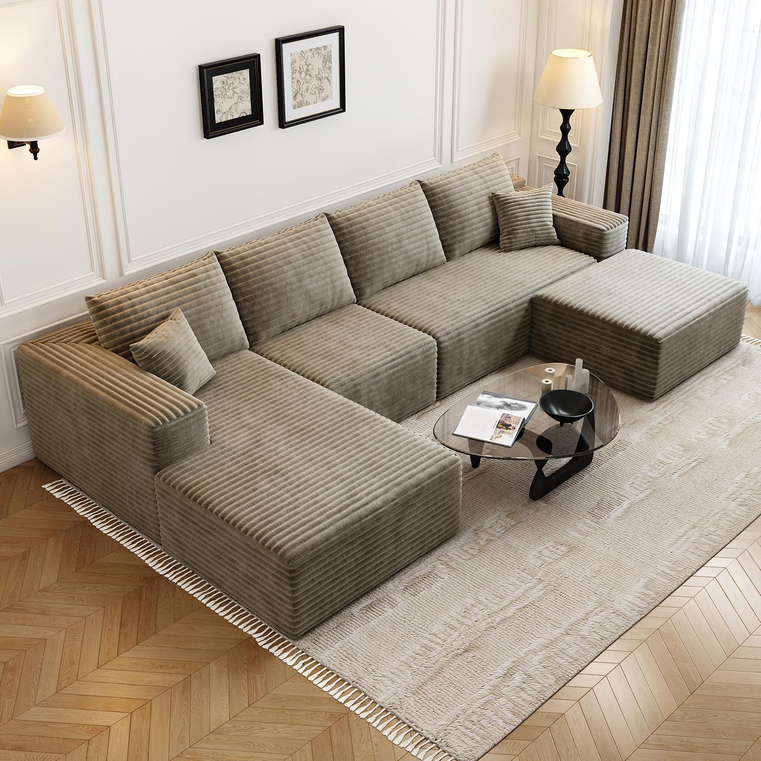 107.5" Cloud Modular Sectional Couch with 1 Ottoman,Modern Minimalist Upholstered Couches, Comfort U Shaped Sofa for Living Room,Deep Seat Corner Couch，No Assembly Required (Grey,Left Facing Chaise)
