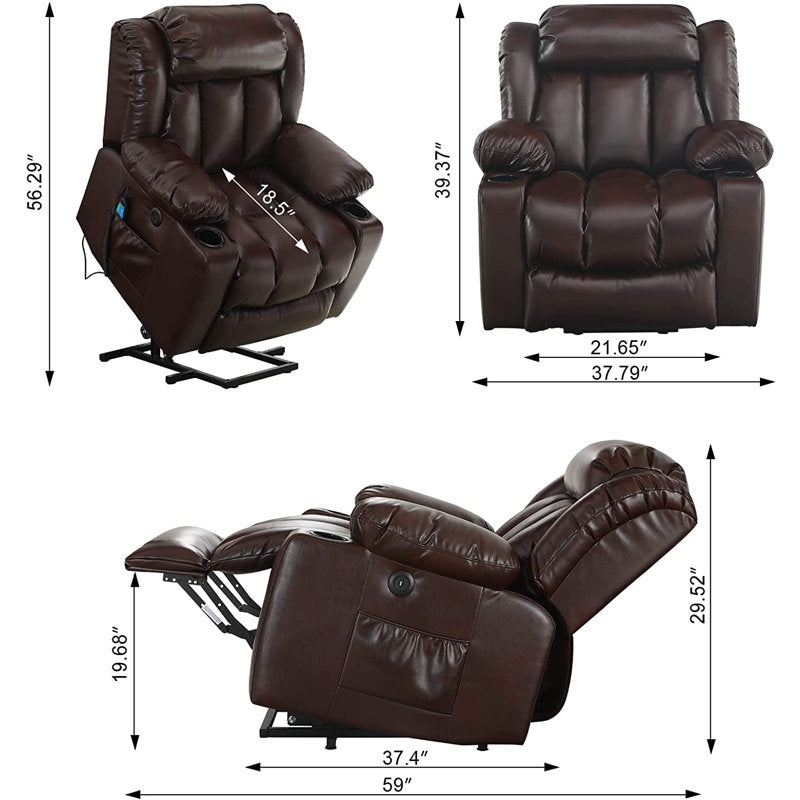 MCombo Large Lay Flat Dual Motor Power Lift Recliner Chair Sofa with Massage and Heat, USB Ports, Cup Holders, Extended Footrest！