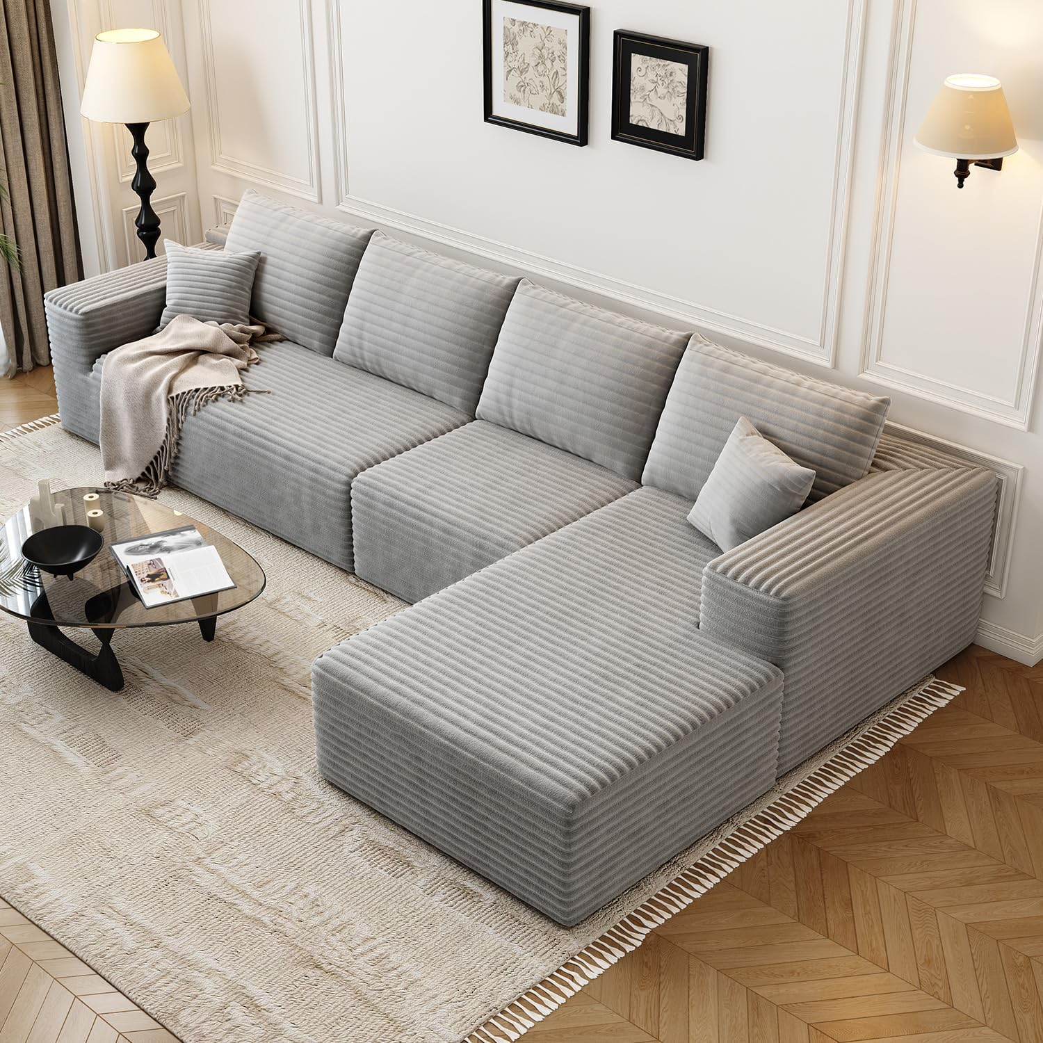107.5" Cloud Modular Sectional Couch with 1 Ottoman,Modern Minimalist Upholstered Couches, Comfort U Shaped Sofa for Living Room,Deep Seat Corner Couch，No Assembly Required (Grey,Left Facing Chaise)