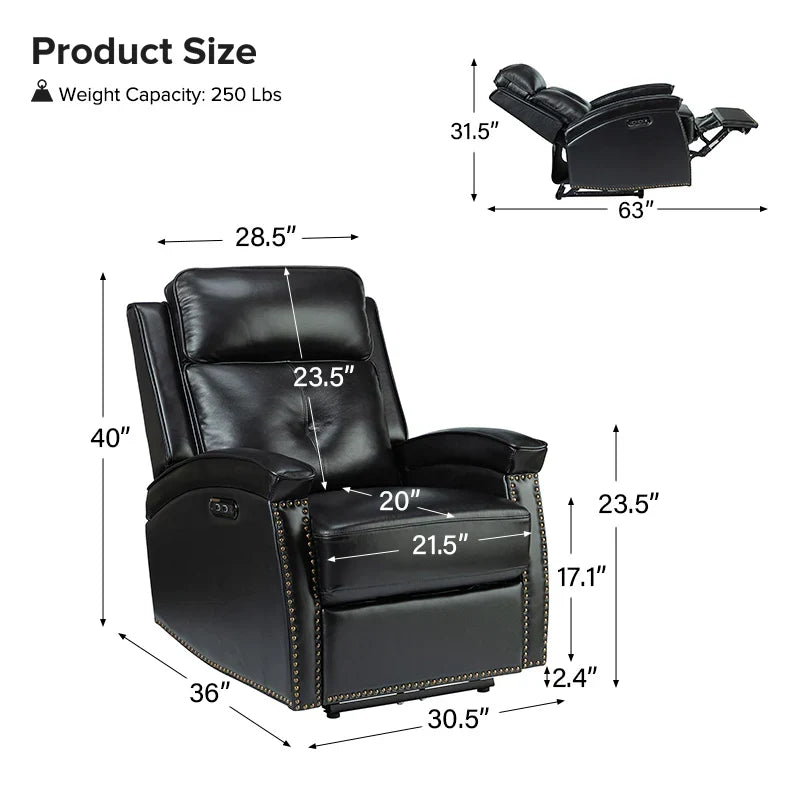 Stefan Genuine Leather Power Recliner with Nailhead Trim